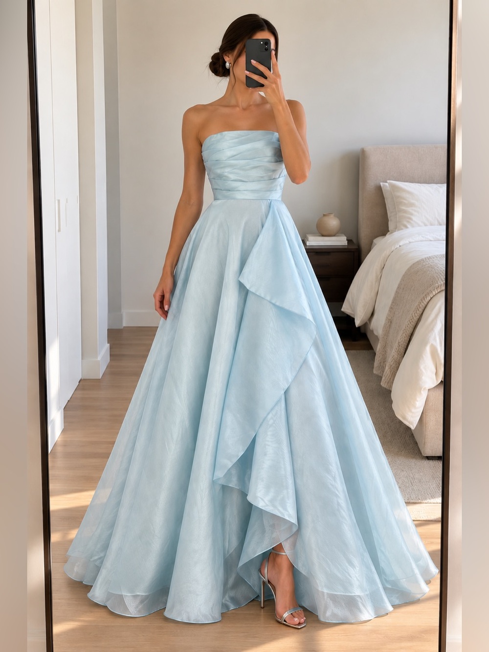 Donna Karan New York Cielo Strapless Cascading Organza Gown Blue Size 12 NWT